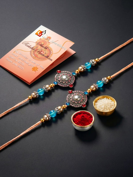 Set of 2 Oxidised Mandala Rakhi for Brother with Silver & Blue Beads, Roli Chawal & Card (96-CHR1-1962-2-2026)