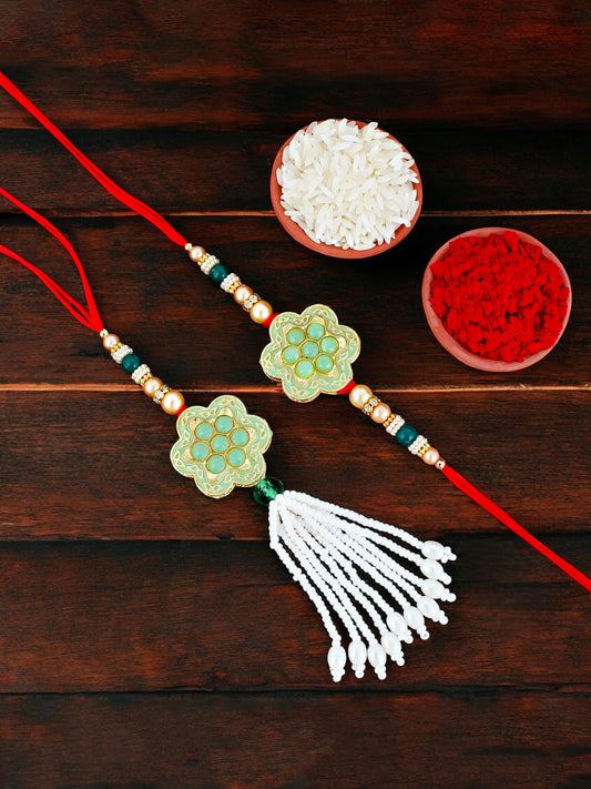 Lucky Jewellery Designer Mint Color Meena Rakhi - Rakshabandhan Rakhee with Pearl Lumba Bracelet for Brother/Bhaiya/Bhai/Bhabhi - Pack of 2 (130-JPCR1-1857-MNT-2)