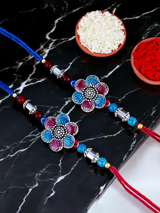 Lucky Jewellery Designer Oxidised Silver Rakhi - Rakshabandhan Magenta & Turquoise Color Meena Rakhee Bracelet for Brother/Bhaiya/Bhai/Bhabhi - Pack of 2 (106-CHR1-1967-RF-S-2)