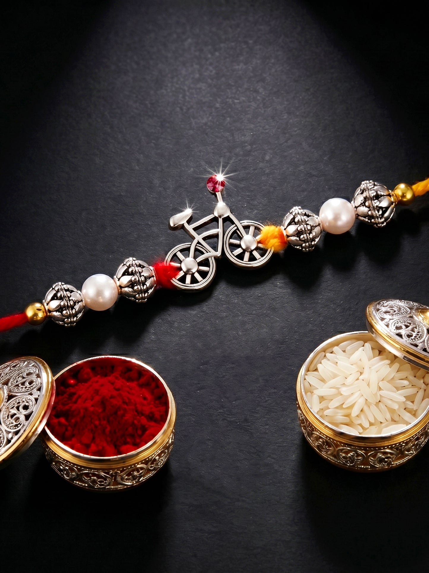 Lucky Jewellery Oxidised Silver Cycle Rakhi for Brother with Beads, Roli Chawal & Greeting Card Combo (36-JPR1-1954-S-1-2026)