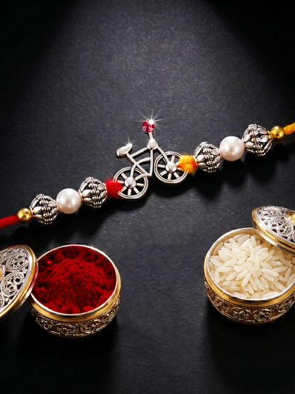 Lucky Jewellery Oxidised Silver Cycle Rakhi for Brother with Beads, Roli Chawal & Greeting Card Combo (36-JPR1-1954-S-1-2026)