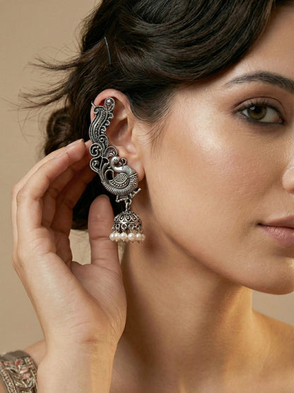 Oxidised Silver Peacock Design Ear Cuff Jhumka  White beads Earring For Girls & Women (159-KK2O-8158)
