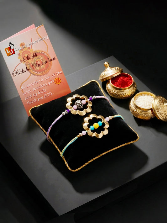 Set of 2 Golden Hollow Flower Rakhi for Brother with Lion Motif & Beads,Roli Chawal & Card (182-CHR1-1202-2-2026)
