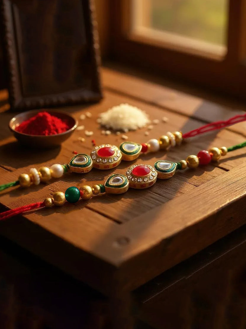 Lucky Jewellery Designer Gold Plated Meena Kunda Rakhi - Rakshabandhan Stone Rakhee Bracelet for Brother/Bhaiya/Bhai/Bhabhi - Pack of 2 (98-J5R1-1977-2)