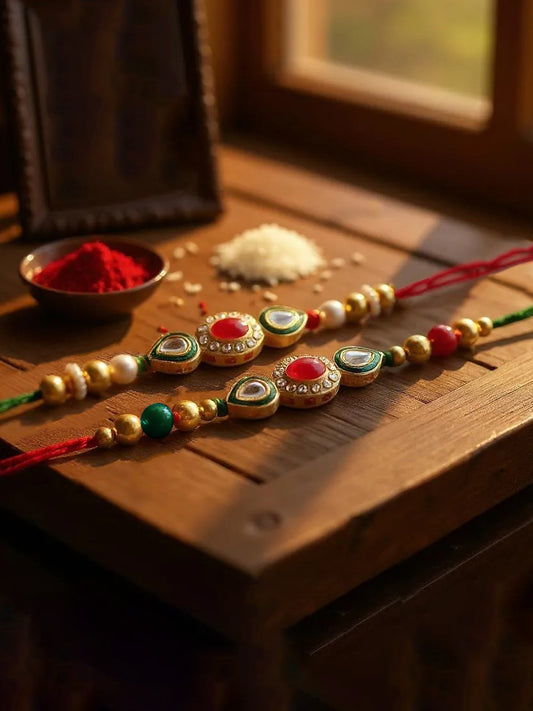 Lucky Jewellery Designer Gold Plated Meena Kunda Rakhi - Rakshabandhan Stone Rakhee Bracelet for Brother/Bhaiya/Bhai/Bhabhi - Pack of 2 (98-J5R1-1977-2)