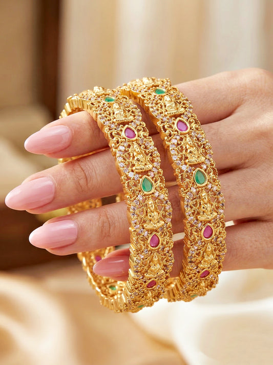 Gold-Plated Laxmi Temple AD Pink Green Bangle (1174-C1BG-2215-2)