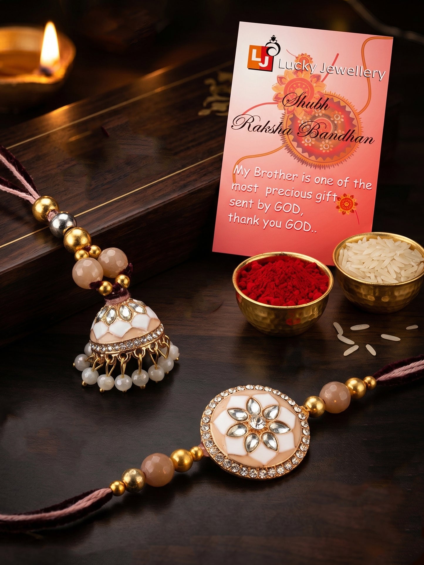Set of 2 Beige & White Kundan Bhaiya Bhabhi Rakhi Set, Floral Enamel Jhumki Lumba with Beads (325-CHCR1-1152-W-2-2026)