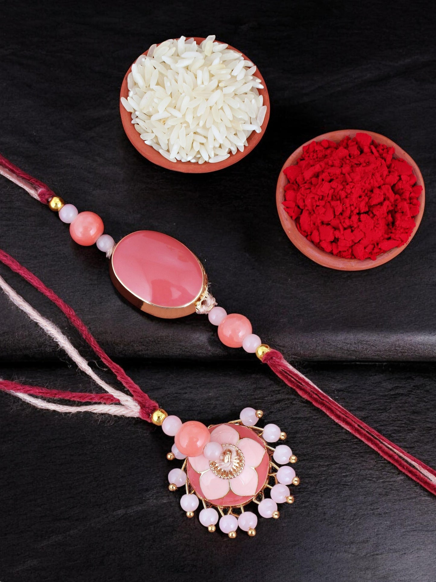 Lucky Jewellery Designer Pink Meena Rakhi - Rakshabandhan Rakhee with Tasseled Lumba Bracelet for Brother Bhaiya Bhai Bhabhi - Pack of 2 (265-CHCR1-1151-PK-2)