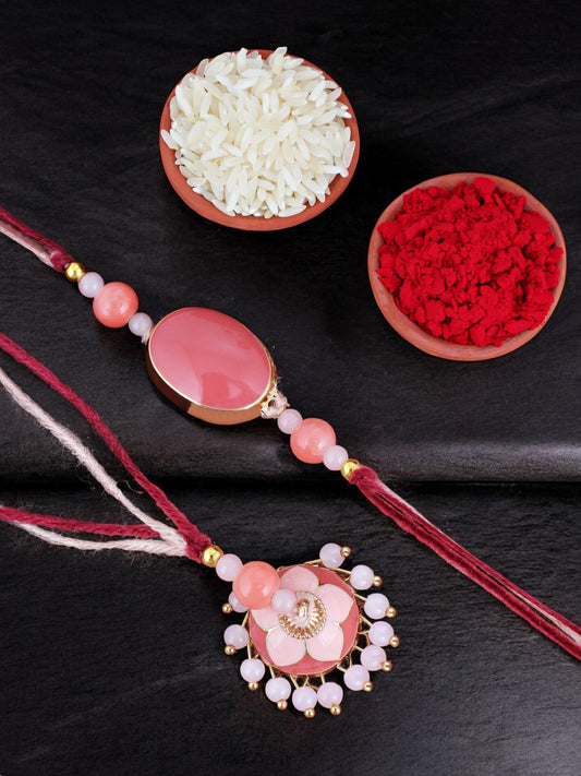 Lucky Jewellery Designer Pink Meena Rakhi - Rakshabandhan Rakhee with Tasseled Lumba Bracelet for Brother Bhaiya Bhai Bhabhi - Pack of 2 (265-CHCR1-1151-PK-2)