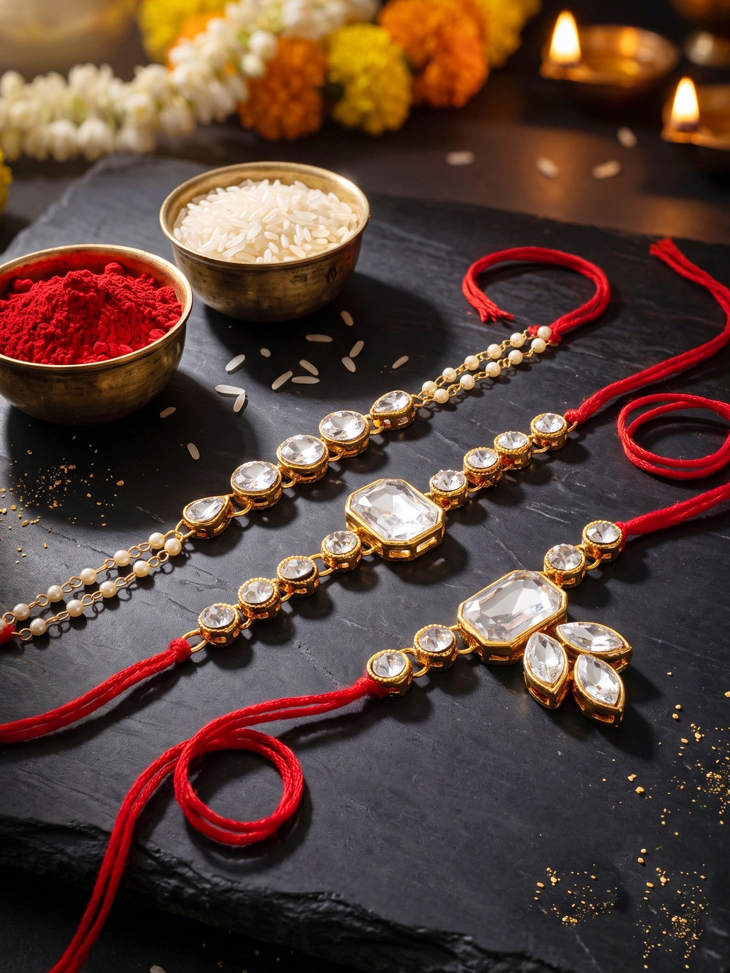 LUCKY JEWELLERY Traditional Rakhi for Brother/Bhaiya – Gold Plated Red Thread Rakshabandhan Rakhie White Stones for Bhai/Bhabhi (Pack of 3) – Fancy Rakhee Bracelet Rakshasutra (159-L1R1-01-W-3-2026)