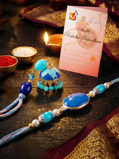 Set of 2 Blue Faux Stone Bhaiya Bhabhi Rakhi Set with Jhumki Lumba, Blue & White Beads (265-CHCR1-1151-FB-2-2026)