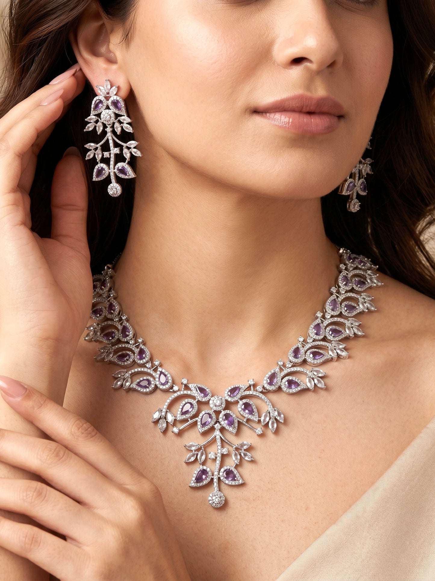 Lucky Jewellery Silver-Tone Purple Stone & American Diamond Necklace Set with Earrings for Women – Office, Party & Function Wear (1948-K4SA-2241-P-S)