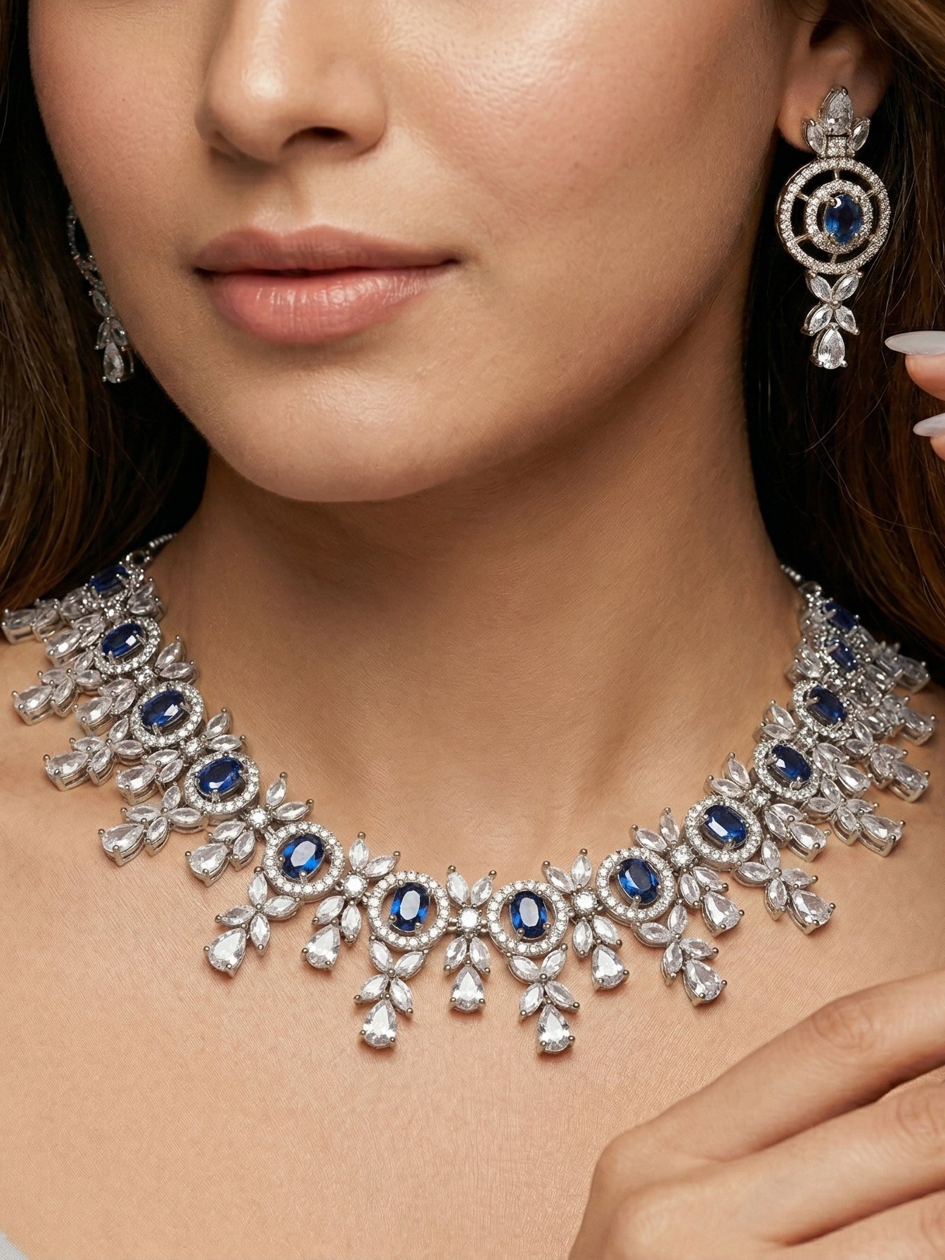 Silver-Tone Blue Stone & American Diamond Necklace Set with Earrings for Women – Office, Party & Function Wear (1717-K4SA-2242-B-S)