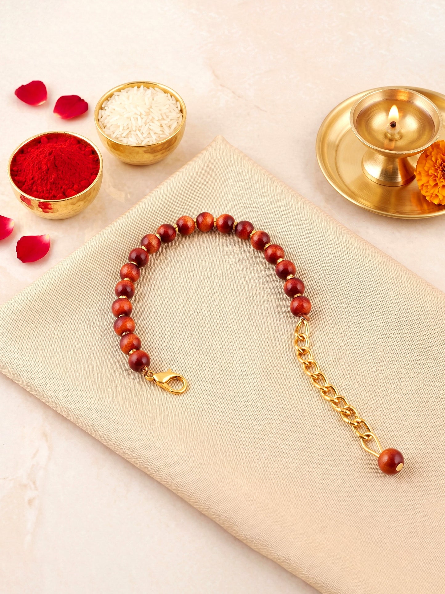 Elegant Brown Adjustable Rudraksha Style Beaded Rakhi with Roli Chawal & Greeting Card For Brothers (76-S7R1-EA3012)