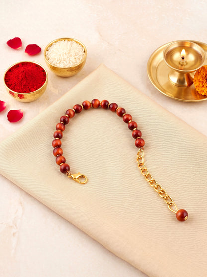 Elegant Brown Adjustable Rudraksha Style Beaded Rakhi with Roli Chawal & Greeting Card For Brothers (76-S7R1-EA3012)