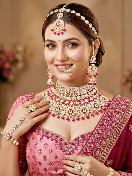 Bridal Kundan Red Heavy Choker Jewellery Set with Hathphool & Nath (2640-IZK-551-R)