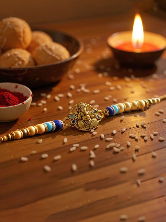Gold Plated Meenakari Religious Rakshabandhan Ganpati Design Rakhi for Bhaiya/Bhabhi Pack of 1