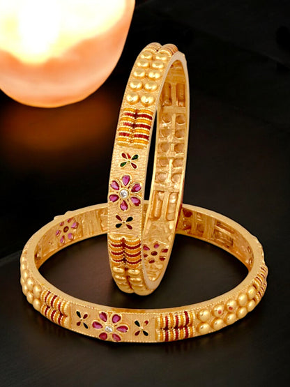 18k One Gram Gold-Plated Meenakari Floral Design Bangle Set for Women & Girls - Pack of 2
