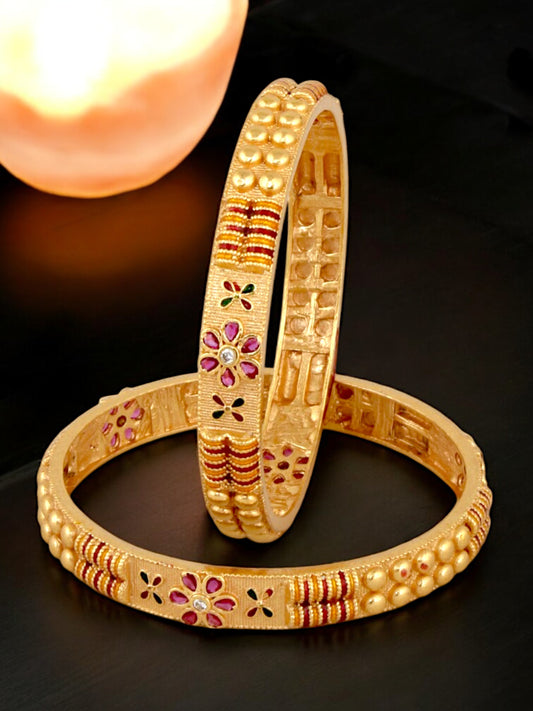 18k One Gram Gold-Plated Meenakari Floral Design Bangle Set for Women & Girls - Pack of 2