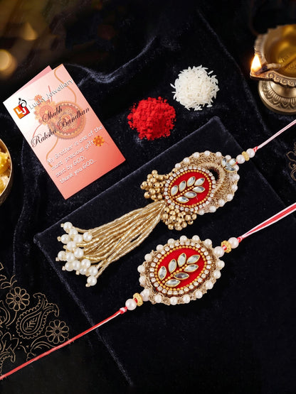 Designer Red Kundan Bhaiya Bhabhi Rakhi Set | Gold Lumba Tassel & White Beaded Matching Rakhi (216-S7R1-PJ7001-M)