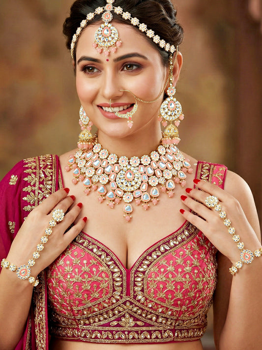 Bridal Kundan Pink Choker Jewellery Set with Hathphool & Nath (2541-IZK-554-PK)