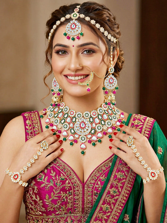 Bridal Kundan Red Green Multicolor Choker Jewellery Set with Hathphool & Nath (2541-IZK-554-RG)