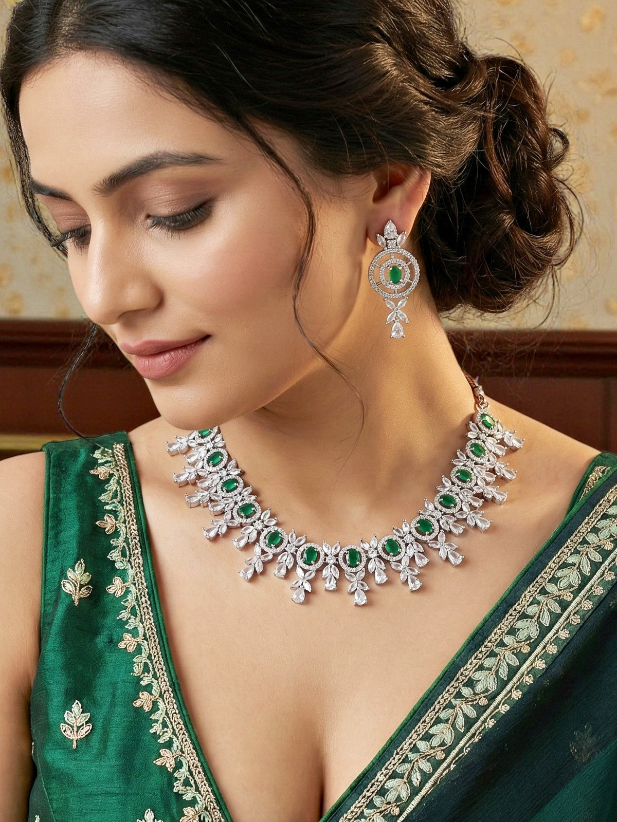 Silver-Tone Green Stone & American Diamond Necklace Set with Earrings for Women – Office, Party & Function Wear (1717-K4SA-2242-G-S)