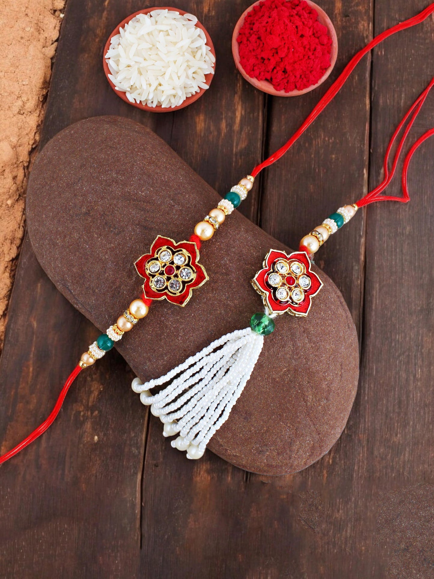 Lucky Jewellery Designer Maroon Color Meena Floral Rakhi - Rakshabandhan Pearl Stone Rakhee with Lumba Bracelet for Brother/Bhaiya/Bhai/Bhabhi - Pack of 2 (118-JPCR1-1847-M-2)