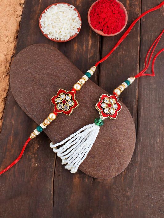 Lucky Jewellery Designer Maroon Color Meena Floral Rakhi - Rakshabandhan Pearl Stone Rakhee with Lumba Bracelet for Brother/Bhaiya/Bhai/Bhabhi - Pack of 2 (118-JPCR1-1847-M-2)