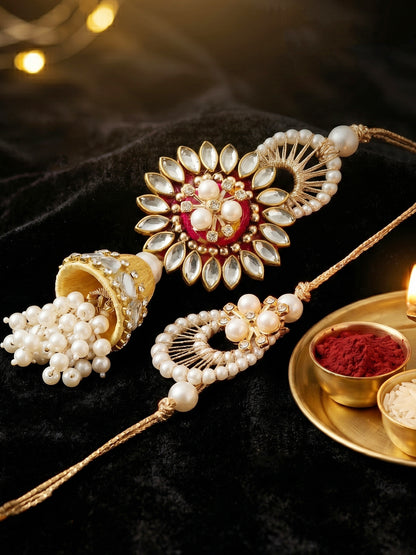Designer Floral Kundan Bhaiya Bhabhi Rakhi Set | Yellow Jhumki Lumba & White Stone Beaded Rakhi (240-S7R1-PJ7402-M)