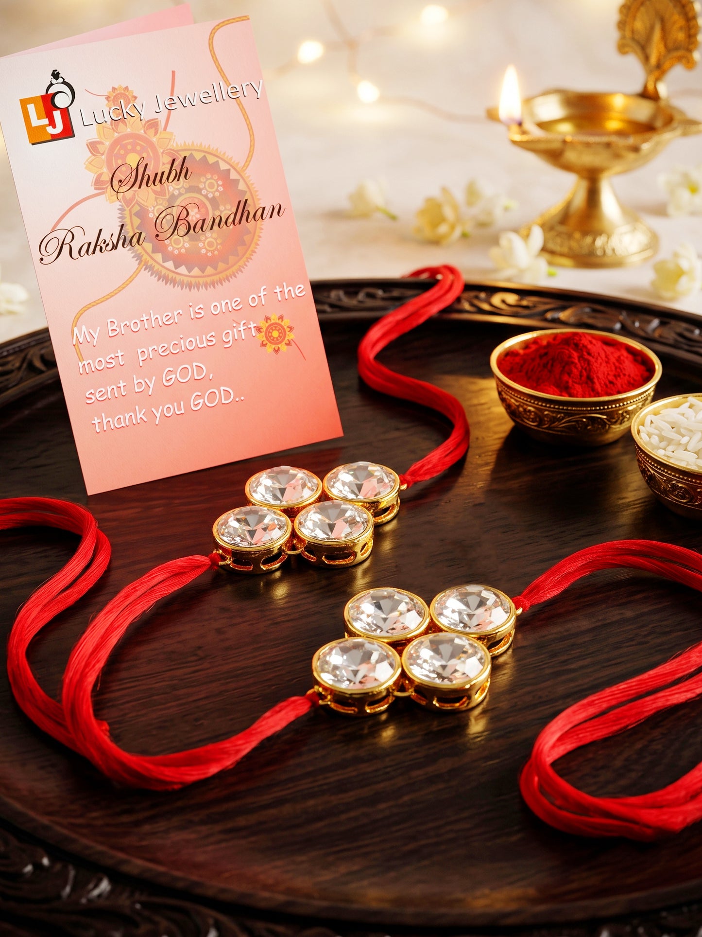 LUCKY JEWELLERY Traditional Rakhi for Brother/Bhaiya – Gold Plated Red Thread Rakshabandhan Rakhie White Stones for Bhai/Bhabhi (Pack of 2) – Fancy Rakhee Bracelet Rakshasutra (198-L1R1-19-W-2-2026)