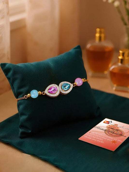 Lucky Jewellery Designer Multi Color Stone Rakhi - Rakshabandhan Rakhee Bracelet Lumba for Bhabhi/Girls & Women with Pull Chain Pack of 1 (209-CHB2-1279-PKF)