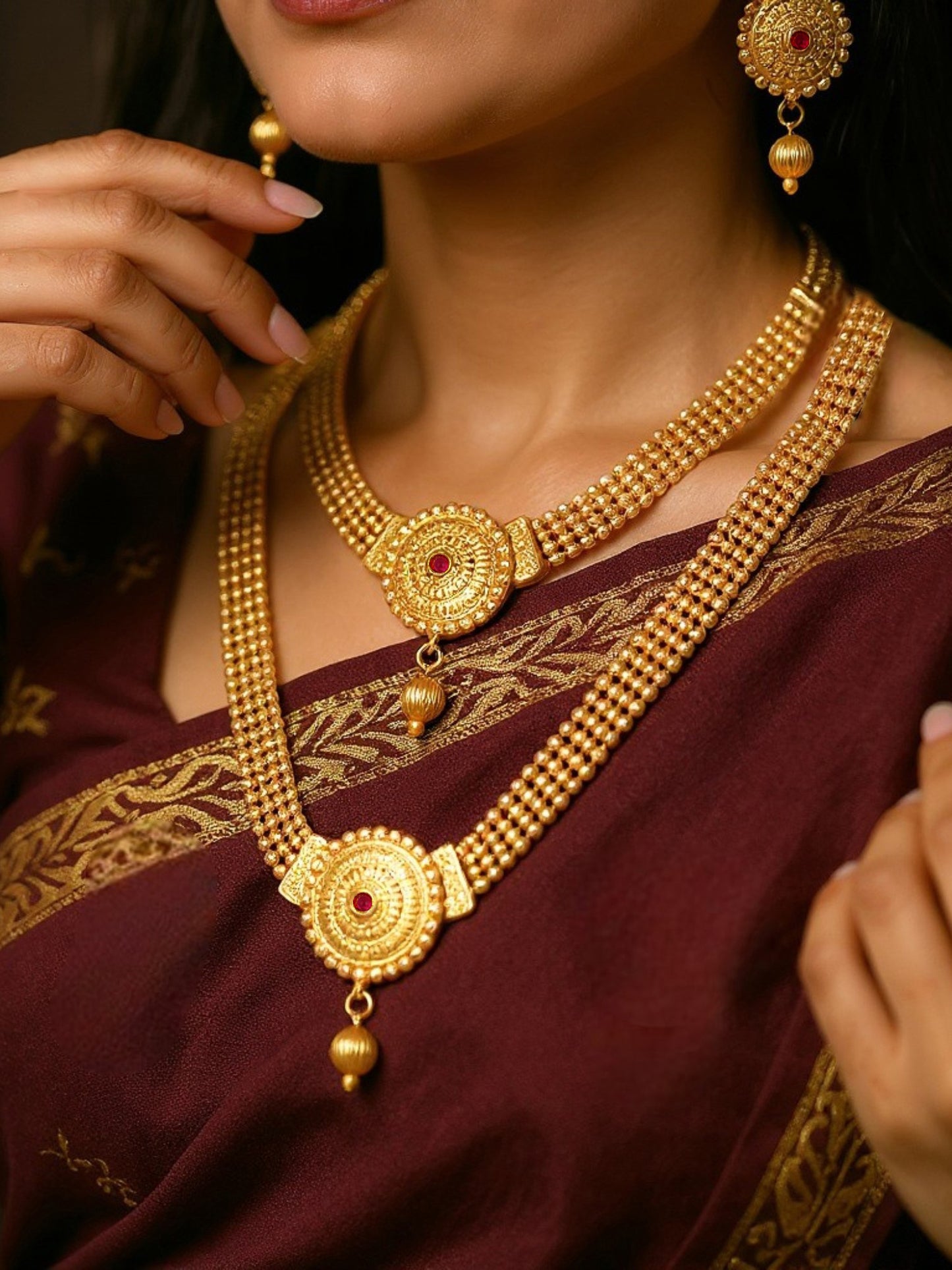 Gold Plated Double Layer Necklace Set with Earrings Traditional Jewellery