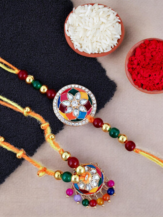 Lucky Jewellery Designer Gold Plated Multi Meena Stone Rakhi - Rakshabandhan Rakhee with Tasseled Lumba Bracelet for Brother Bhaiya Bhai Bhabhi - Pack of 2 (325-CHCR1-1152-MT-2)