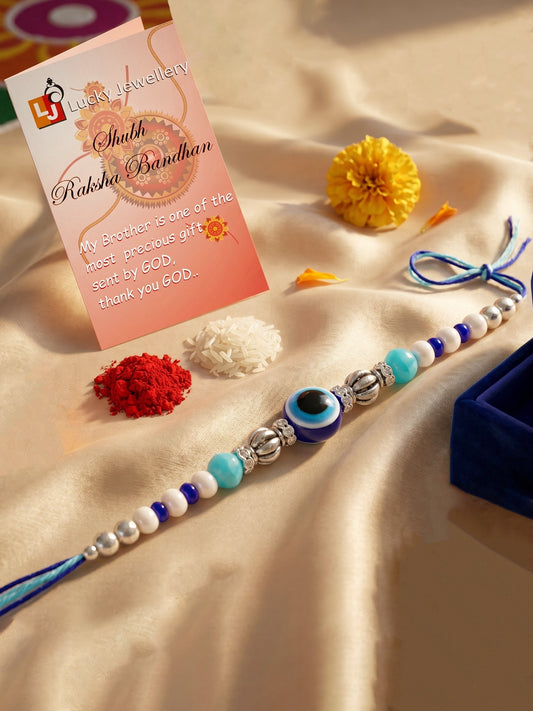 Blue Evil Eye Rakhi with Greeting Card and Roli Chawal Set for Rakshabandhan (54-S5R1-RN2239)