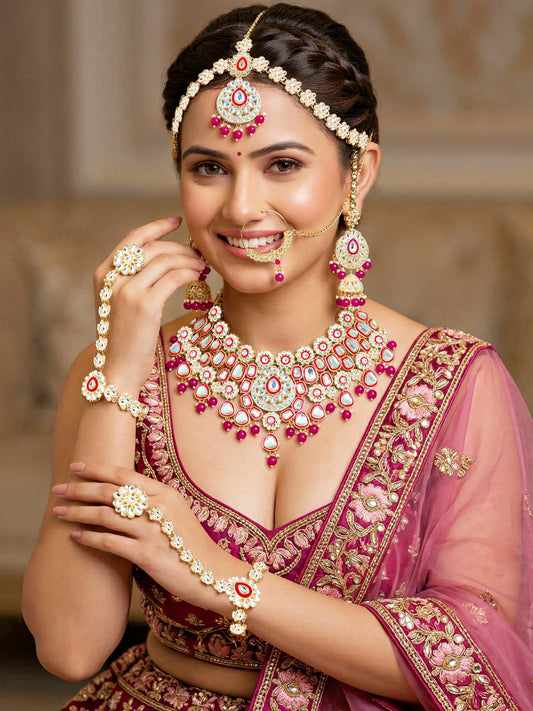 Bridal Kundan Red Choker Jewellery Set with Hathphool & Nath (2541-IZK-554-R)