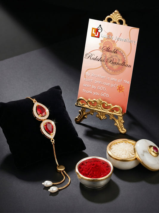 Adjustable Rakhi Bracelet with Maroon drop AD Pendant, White Drops, Roli Chawal & Card (195-CHB2-1279-M-2026)