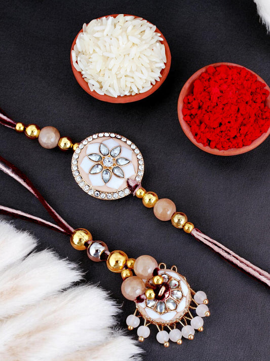 Lucky Jewellery Designer Gold Plated White and Peach Meena Stone Rakhi - Rakshabandhan Rakhee with Tasseled Lumba Bracelet for Brother Bhaiya Bhai Bhabhi - Pack of 2 (325-CHCR1-1152-W-2)