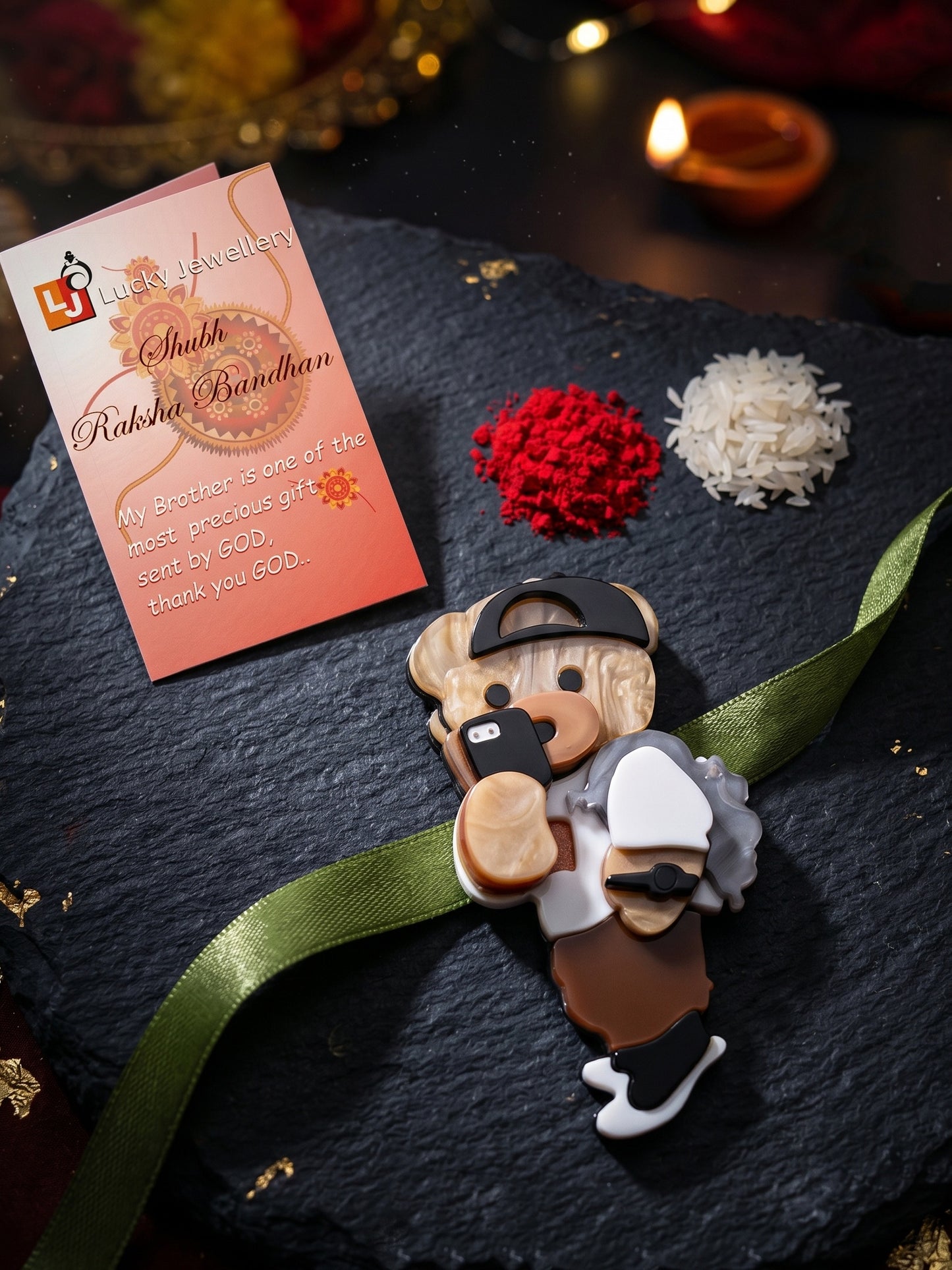 Kids Rakhi for Little Brother, Cute Selfie Teddy Bear Acrylic Charm on Green Ribbon, Roli, Chawal (425-CHR1-1193-1-2026)