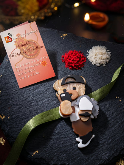 Kids Rakhi for Little Brother, Cute Selfie Teddy Bear Acrylic Charm on Green Ribbon, Roli, Chawal (425-CHR1-1193-1-2026)