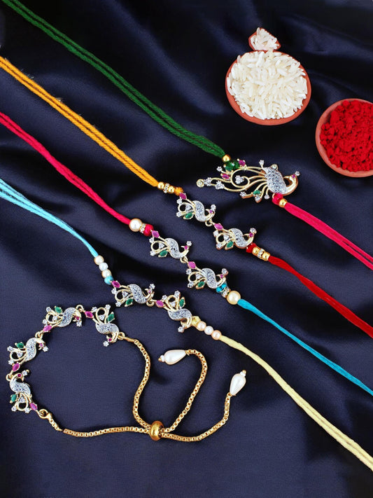 Lucky Jewellery Designer Gold Plated American Diamond (AD) Stone Rakhi - Rakshabandhan Peacock Design Rakhee Lumba Bracelet with Pull Chain for Brother Bhaiya Bhai Bhabhi - Pack of 5 (680-P4R1-1544-5)