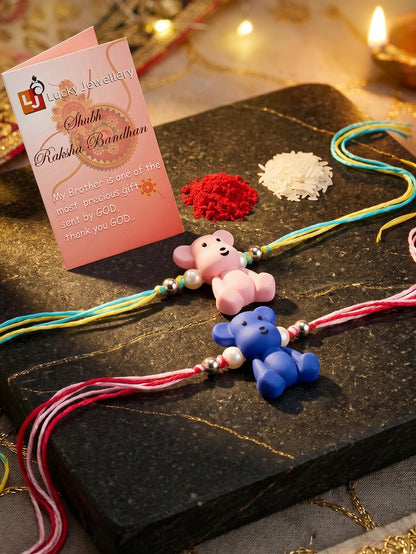 Set of 2 Cute Teddy Bear Kids Rakhi in Pink & Blue with White Beads, Roli Chawal & Card (105-CHR1-1206-PKB-2-2026)