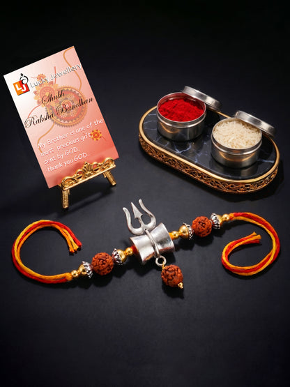 Oxidised Silver Shiva Trishul Rakhi for Bhai with Golden Beads, Roli, Chawal & Card (78-JPR1-1972-S-1-2026)