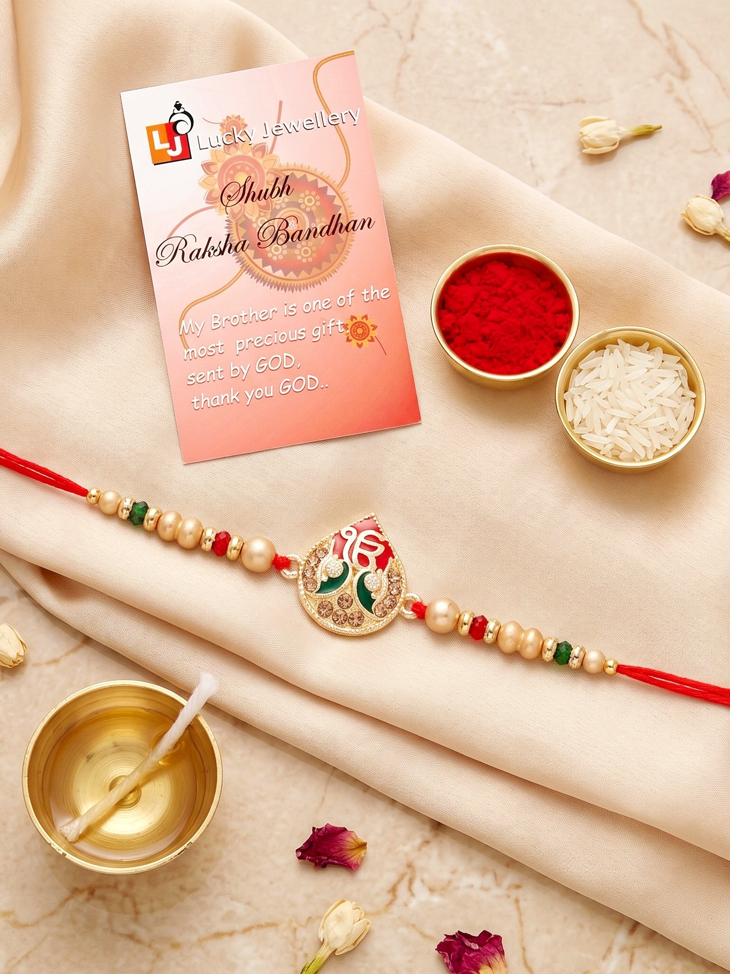 Ek Onkar Matte Gold Beaded Rakhi Set For Brother | Punjabi Sikh Rakhi With Roli Chawal, Card (102-S5R1-SA0177)