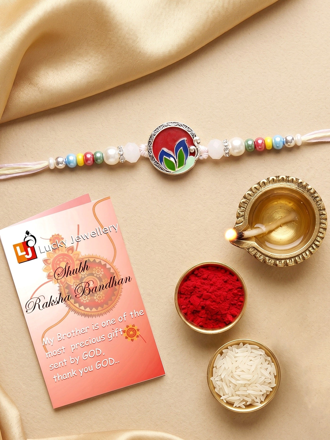 Traditional Meenakari Floral Rakhi For Brother | Silver-Finish Red & Maroon Enamel Beaded Rakhi Set (132-S5R1-AR2772)