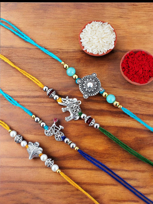 Lucky Jewellery Designer Oxidised Silver Rakhi - Rakshabandhan Combo Rakhee Bracelet for Brother/Bhaiya/Bhai/Bhabhi - Pack of 4 (122-JPR1-1983-S-4)