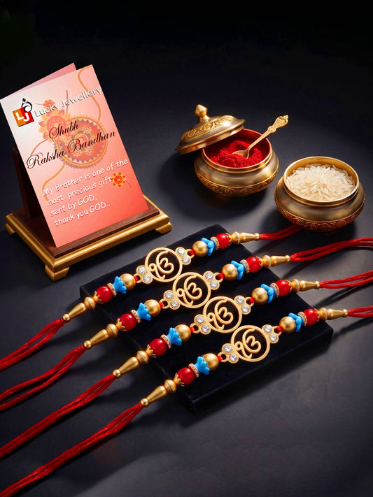 Lucky Jewellery Set of 4 Rakhi with Ek Onkar Pendant, Maroon & Blue Beads, Roli Chawal & Card (62-S7R1-2322-4)