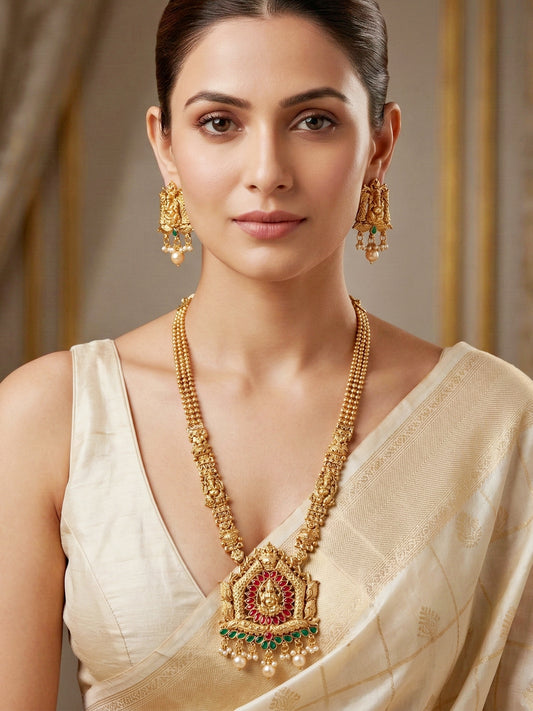 Lucky Jewellery Gold-Plated Ganesh Idol Temple Ruby & Green Color Necklace Set (660-G2SR-201-RG)