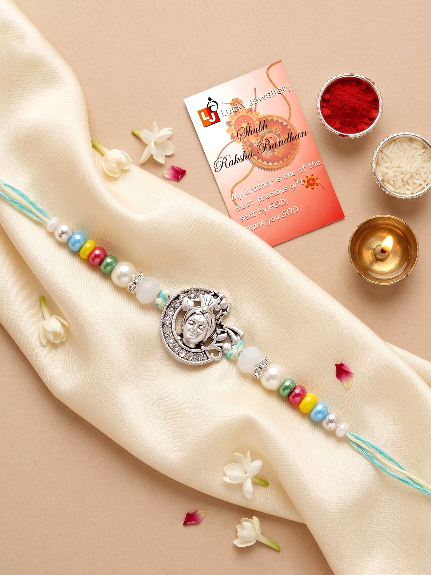 Silver-Tone Bal Gopal Krishna Rakhi for Brother | Beaded Rakhi Set With Roli Chawal & Greeting Card (102-S5R1-AR3007)