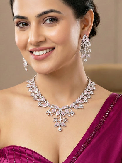 Silver-Tone Pink Stone & American Diamond Necklace Set with Earrings for Women – Office, Party & Function Wear (1948-K4SA-2241-PK-S)